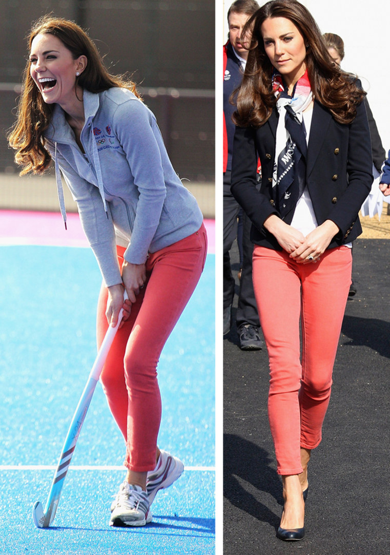 Kate knows how to dress up and down her coral-colored jeans. On left, she tried her hand at field hockey at the Riverside Arena in the Olympic Park on March 15 in London. On right, she wears the Team GB official supporter's scarf during the same visit.