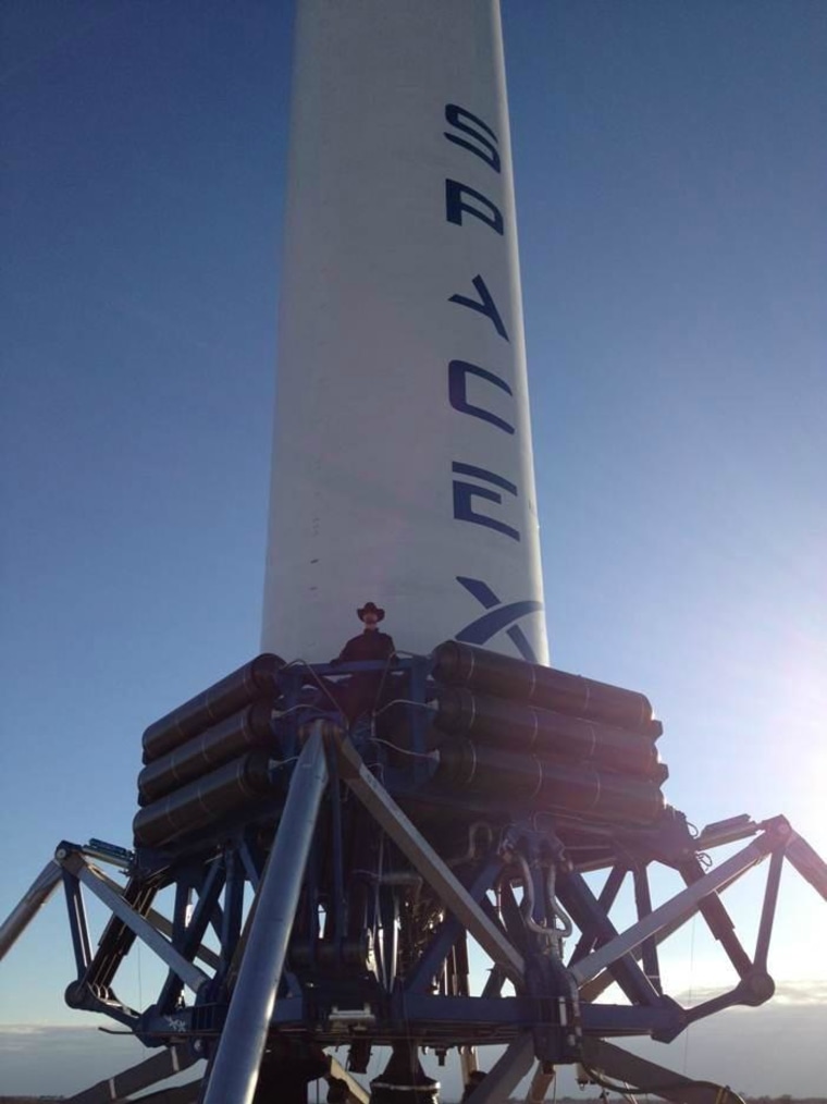 A dummy cowboy is perched on SpaceX's Grasshopper rocket for a Dec. 17 test.