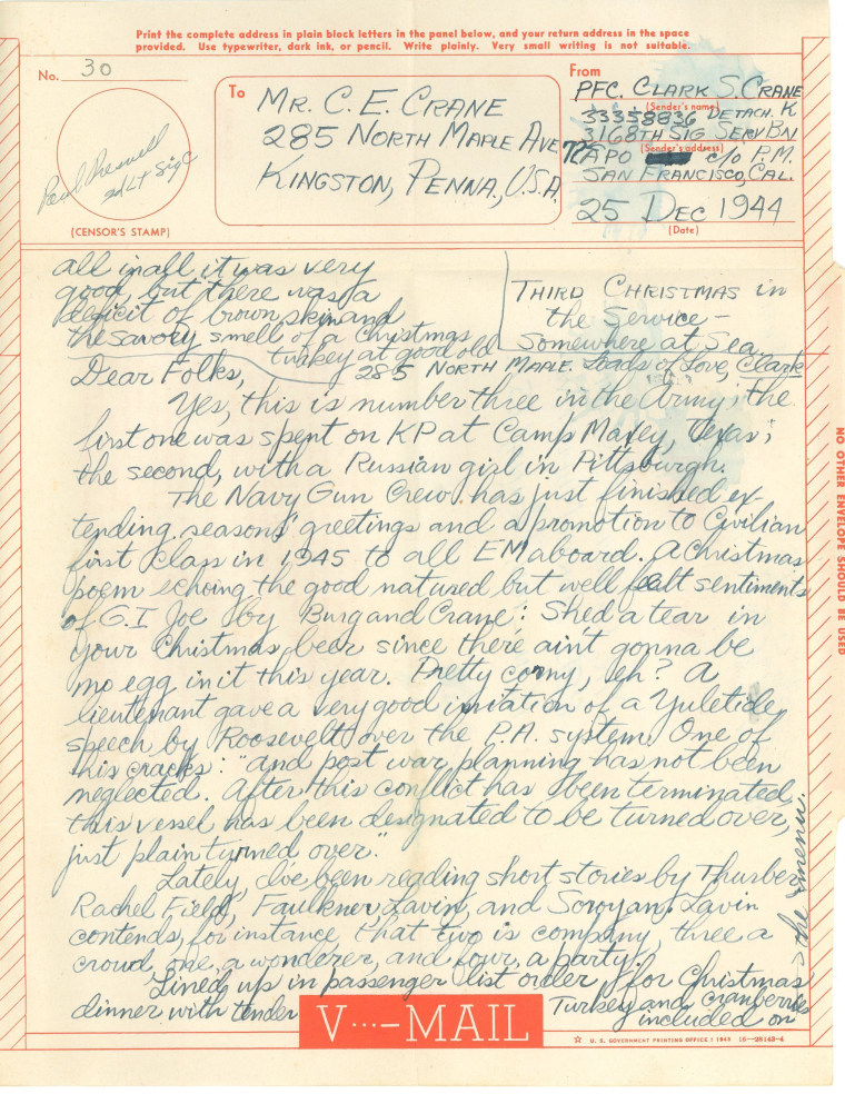 A V-Mail from Navy sailor Clark Crane, sent at Christmas 1944 to his parents.