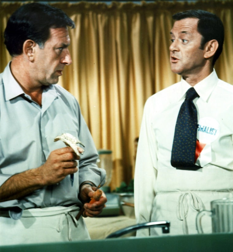 Actors Jack Klugman, left, portraying Oscar Madison, and Tony Randall, portraying Felix Unger, in a scene from their 1970's television series \"The Odd Couple.\"
