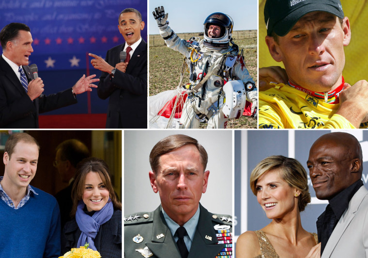 Clockwise from top left: Republican presidential candidate Mitt Romney during presidential debate; Felix Baumgartner; Lance Armstrong; Seal and Heidi Klum; Gen. David Petraeus; Prince William and Catherine, Duchess of Cambridge.