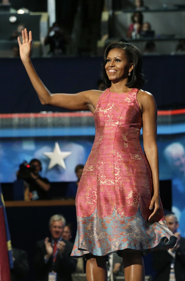 Wearing Tracy Reese, Michelle Obama waves to delegates at the Democratic National Convention in Charlotte, N.C., on Sept. 4.