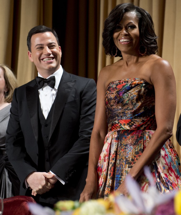 Michelle Obama wore a strapless paisley organza gown by designer Naeem Khan at the White House Correspondents Association Dinner in Washington on April 28.