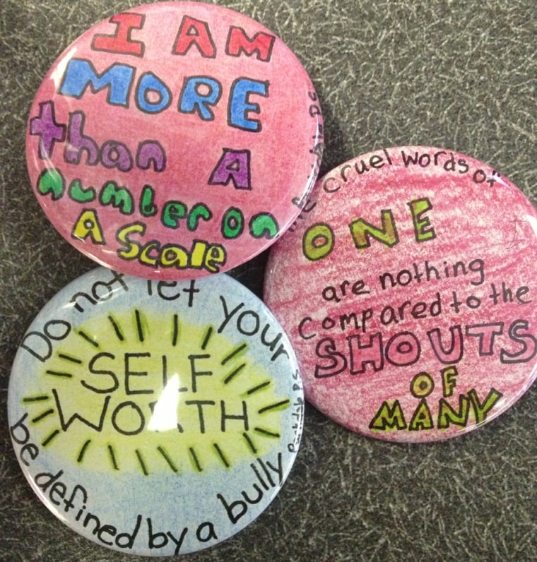 Eighth-graders at Parkdale Junior and Senior Public School in Toronto, Canada made these buttons for news anchor Jennifer Livingston. The handmade buttons feature words from Livingston's on-air editorial in response to a viewer's criticism.