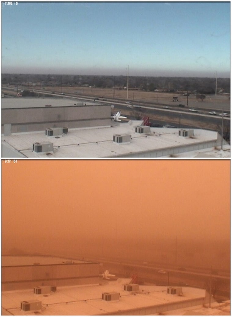 Webcam views show South Loop 289 before and during a dust storm in Lubbock, Texas, in these National Weather Service handout images dated December 19.