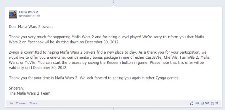 Unhappy New Year: Zynga shuts down 'PetVille,' 'Mafia Wars 2,' 9 other games