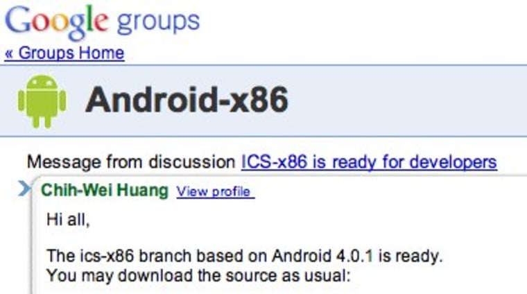 Screenshot of the message board posting the release of an x86 Android version.