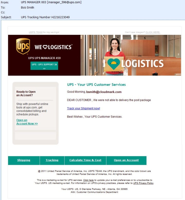 A screenshot of the UPS email fraud, which on first glance, looks credible enough.