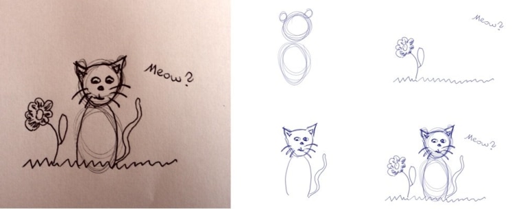 Once you're done being awestruck by the sheer talent necessary to create this sample doodle, you'll be able to calmly compare what's on paper (left), the individual layers in the digitized version, and the complete digital image (bottom right).