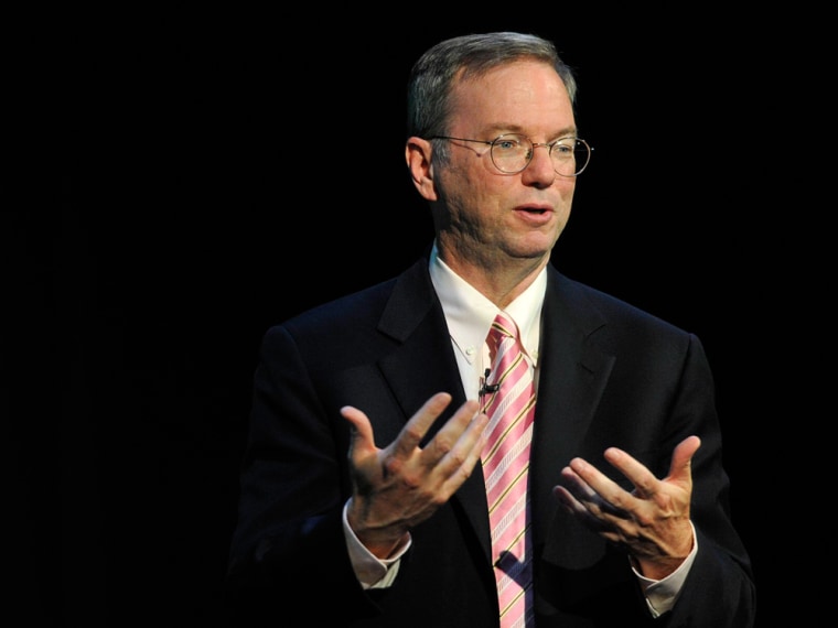 Google CEO Eric Schmidt gestures as he speaks at the Guardian Activate conference discussing technology, society and the future by 'changing the world through the internet' on July 01, 2010 in central London. AFP PHOTO / CARL COURT (Photo credit should read Carl Court/AFP/Getty Images)