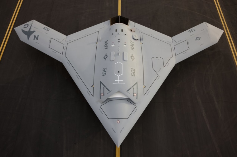 Earlier photo of X-47B, photographed from above while sitting on runway.
