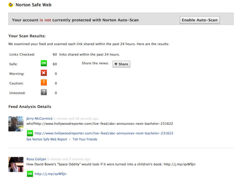 The results of my first Facebook scan using Norton's Safe Web was a clean bill of health; I was urged to enable Norton Auto-Scan on a regular basis.