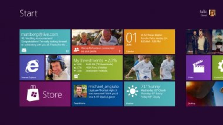 The restyled Start screen in Windows 8, designed for tablets but also destined for traditional PCs.