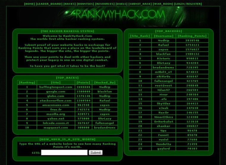 Screenshot of RankMyHack.com home page