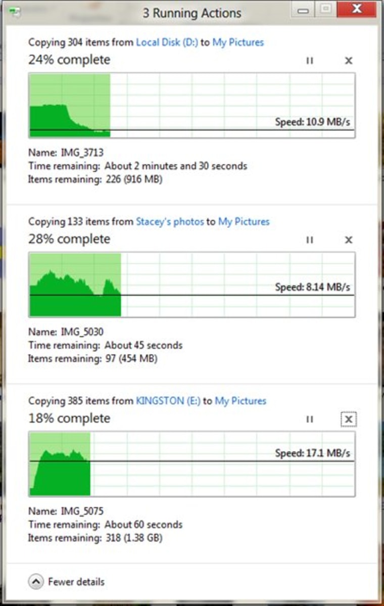 A consolidated dialog box showing multiple files being copied in Windows 8. This optional, detailed view shows transfer progress and throughput graphs.