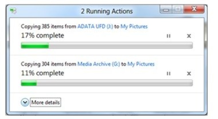 A dialog box in Windows 8 shows a consolidated view of two files copying, rather than opening separate dialog boxes for each file.