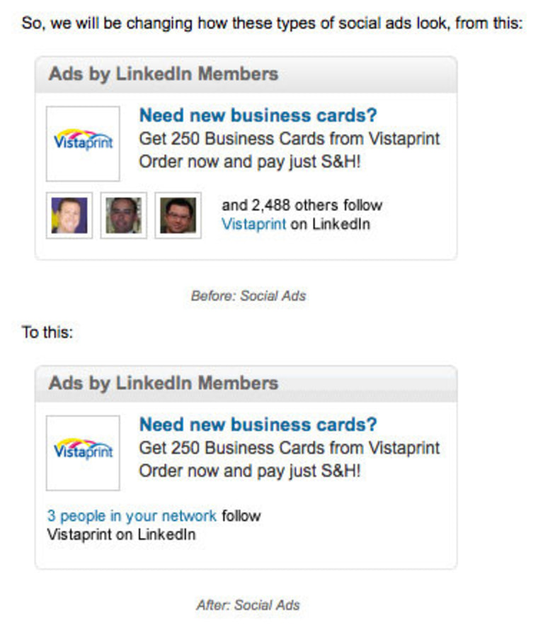 LinkedIn's before (above) and after approach for social ads.