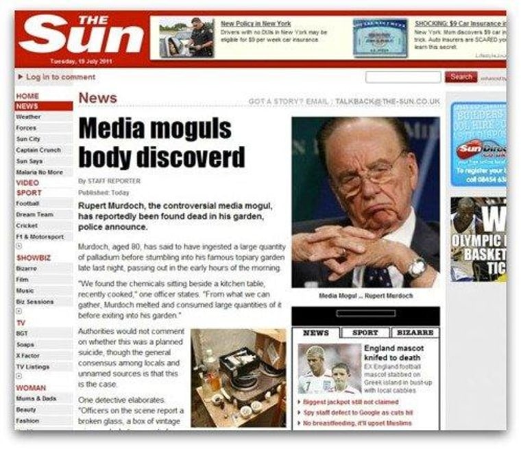 The fake story about Rupert Murdoch's death that was put on the website of The Sun, one of Murdoch's newspapers in Britain.