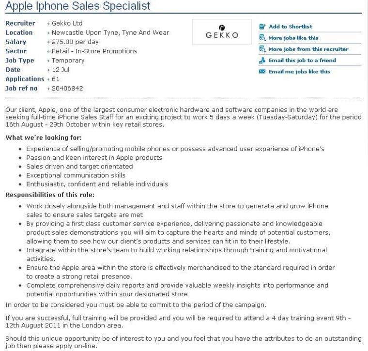 Screen grab of ad for temporary iPhone sales staff found on the Reed.co.uk website