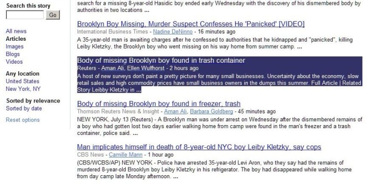 A screenshot of Google News on Wednesday shows the site's computerized algorithms creating a tasteless news package.