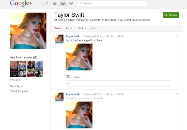 Screenshot of the alleged Taylor Swift profile on Google+