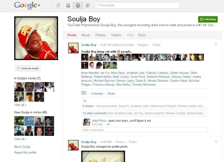 Screenshot of Soulja Boy's Google+ profile