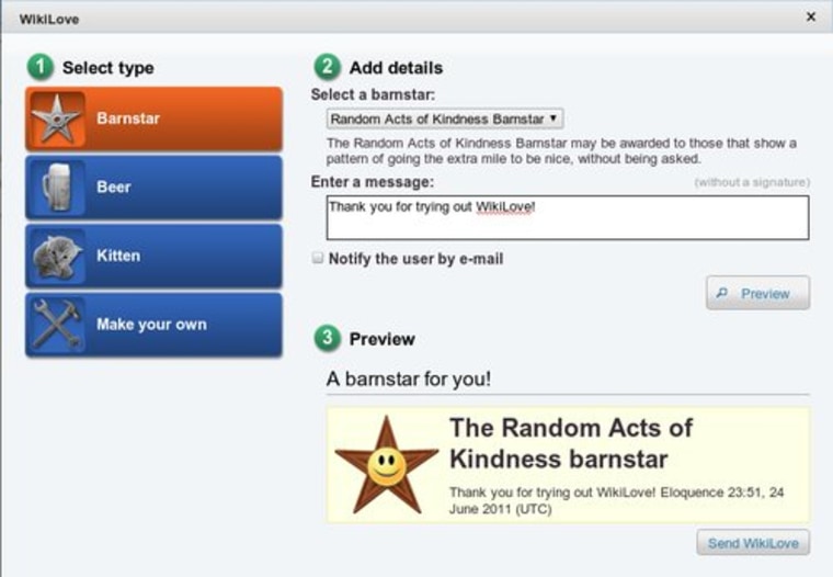 \"Random acts of kindness barnstar\" screenshot