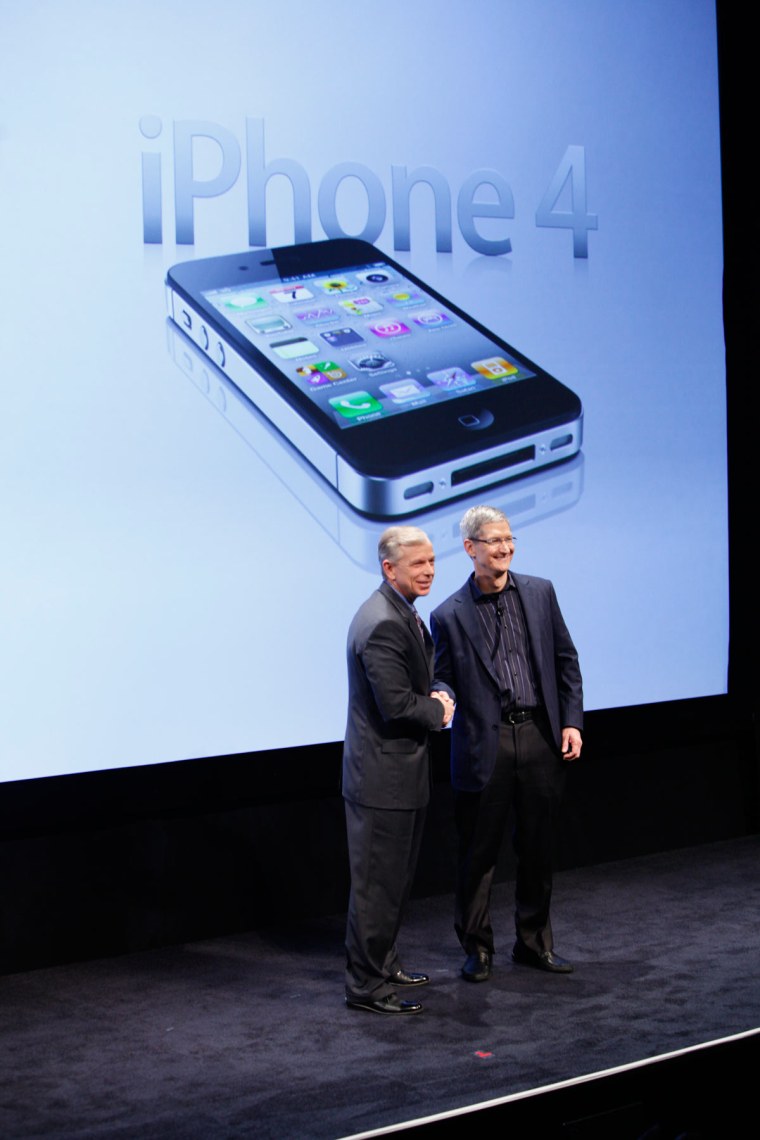 Verizon president Lowell McAdam (left) and Apple COO Tim Cook introduced the iPhone 4 for Verizon January 11 in New York.