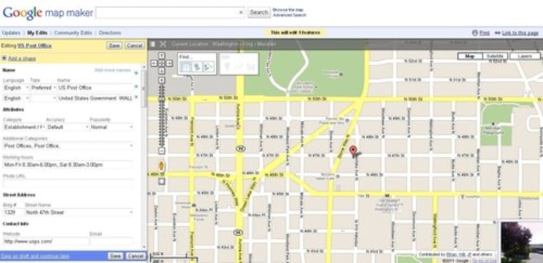 Screenshot of Google Map Maker on the editing screen