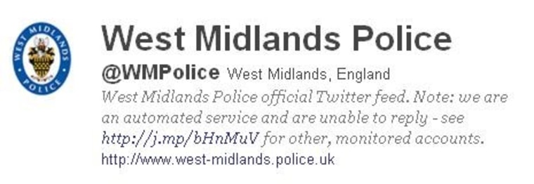 A screenshot of the West Midlands police department's Twitter profile