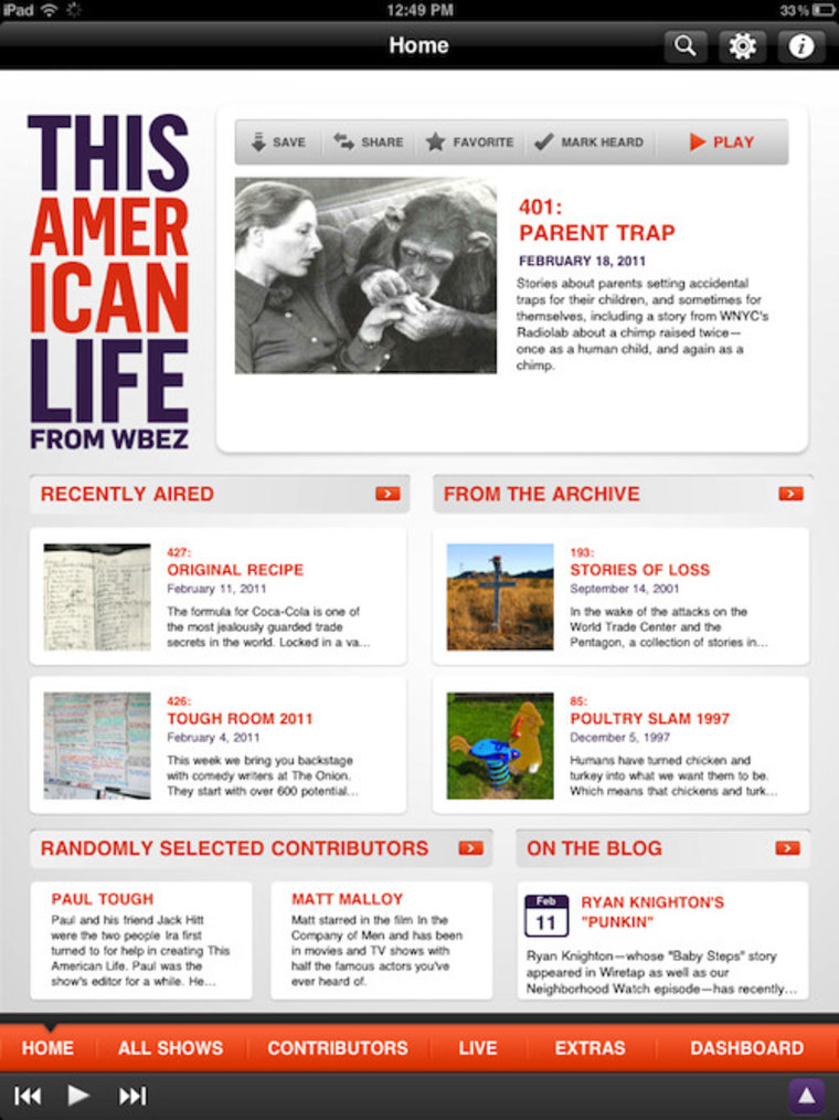 The main section of the This American Life iPad app gives you a quick overview of recently aired and popular shows.