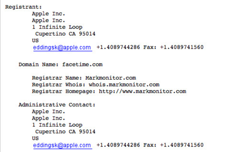 WHOIS records for FaceTime.com show Apple as the owner of the domain.