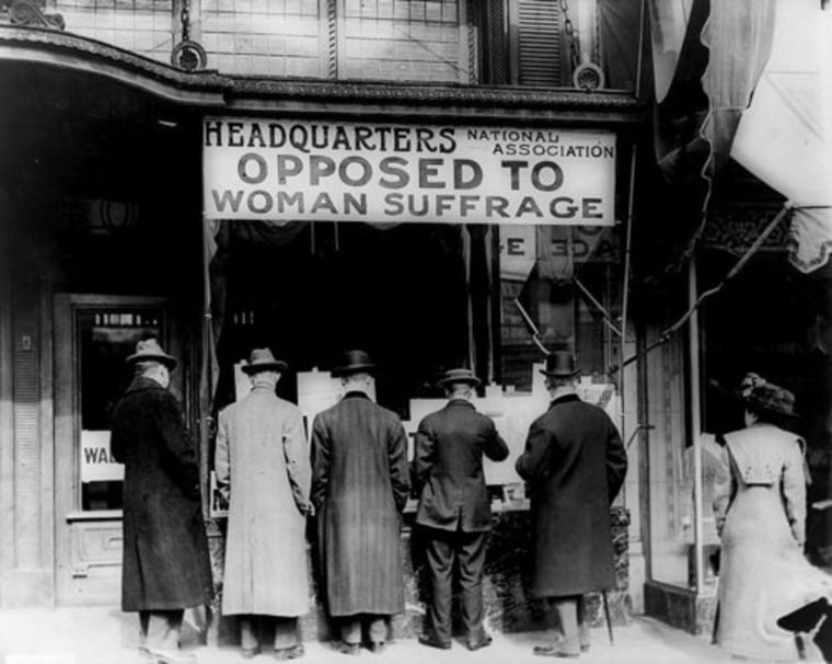 This photo of a sign of the headquarters of the National Association Opposed To Woman Suffrage appears on the