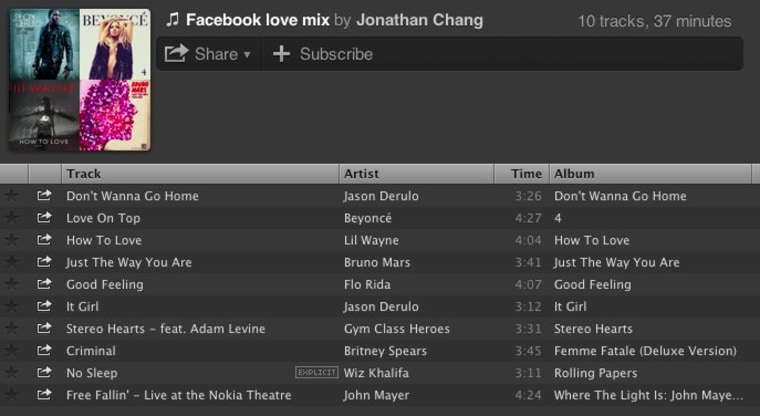 Jonathan Chang of Facebook's data team has put together Spotify playlists with the top songs played by Facebook users when they enter or end a relationship.