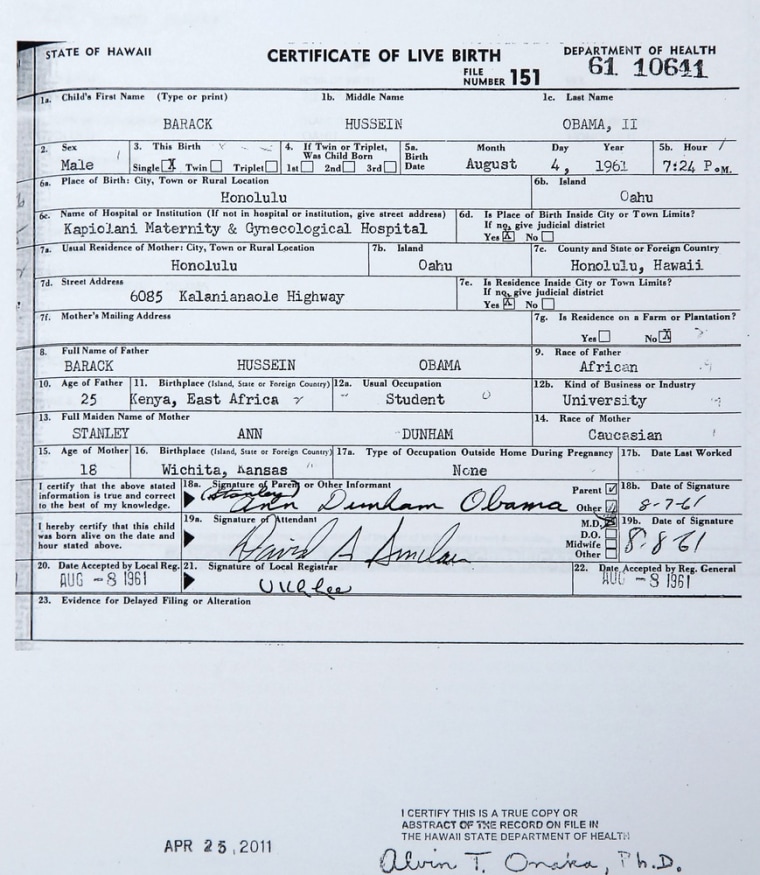 White House releases President Barack Obama s birth certificate