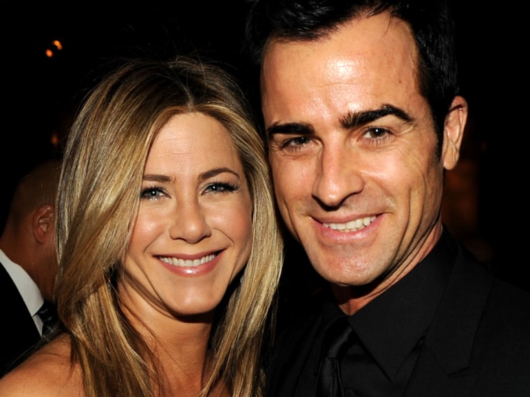 HOLLYWOOD, CA - JANUARY 28:  Actress-director Jennifer Aniston and actor-director Justin Theroux attend the 64th Annual Directors Guild Of America Awards cocktail reception held at the Grand Ballroom at Hollywood & Highland on January 28, 2012 in Hollywood, California.  (Photo by Kevin Winter/Getty Images for DGA)