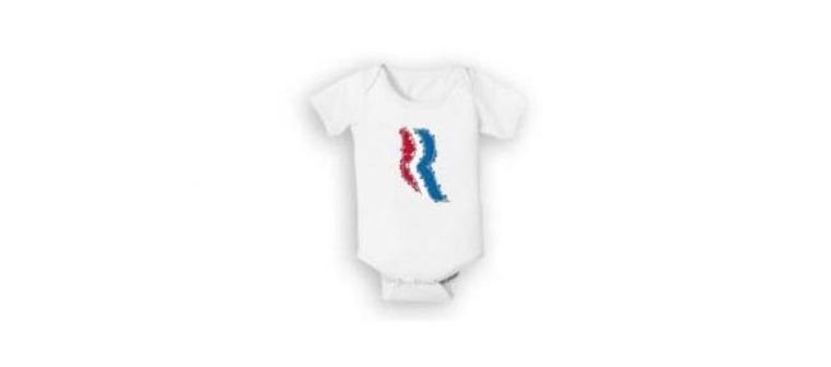 \"These baby onesies are a perfect fit for the young Mitt supporter in your life\" claims Mitt Romney's website. The baby outfit features a sketched Romney \"R\" and logo.