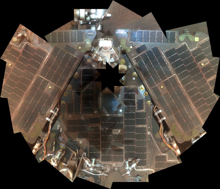 This mosaic shows Opportunity's solar panels in September 2007 as seen by the rover's panoramic camera. The downward-looking view has been assembled to omit the mast on which the camera is mounted.