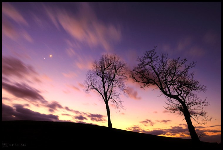 Jupiter, the moon and Venus take starring roles in a sunset sky extravaganza, as captured by photographer Jeff Berkes in Pennsylvania's Chester County.