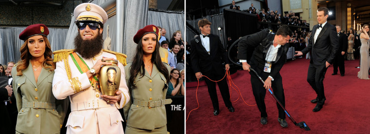 Left: Actor Sacha Baron Cohen, dressed as his character 'General Aladeen,' arrives at the 84th Annual Academy Awards held at the Hollywood & Highland Center, Feb. 26. Right: Jason Segel, right, reacts as the red carpet is vacuumed after a substance was dumped by Sacha Baron Cohen before the 84th Academy Awards.