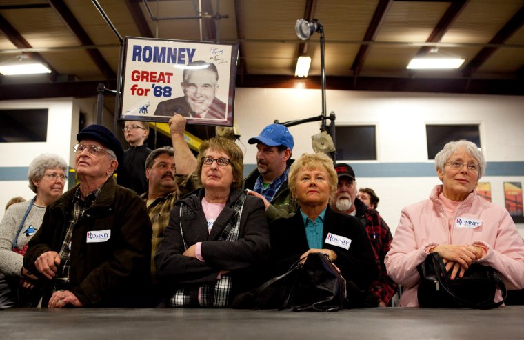 Monday, February 27, 2012, in Albion, MI (John Makely / msnbc.com) Bob Pohl, of Spring Arbor, Michigan holds up an old capmaign poster of George Romney, Mitt Romney's father, during a rally at the Caster Concepts company in Albion, Michigan.