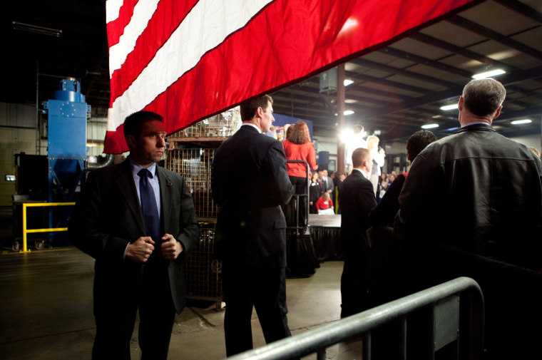Monday, February 27, 2012, in Albion, MI (John Makely / msnbc.com) Security was tight as Mitt Romney addresses supporters gathered at the Caster Concepts company in Albion, Michigan.