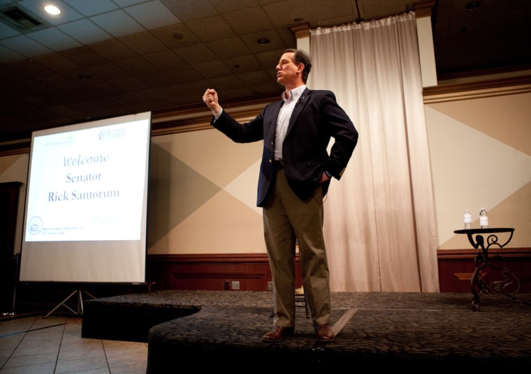Monday, February 27, 2012, in Livonia, MI (John Makely / msnbc.com) Senator Rick Santorum makes a point while speaking before the Livonia Chamber of Commerce in Livonia, Michigan on Monday, Feb. 27.