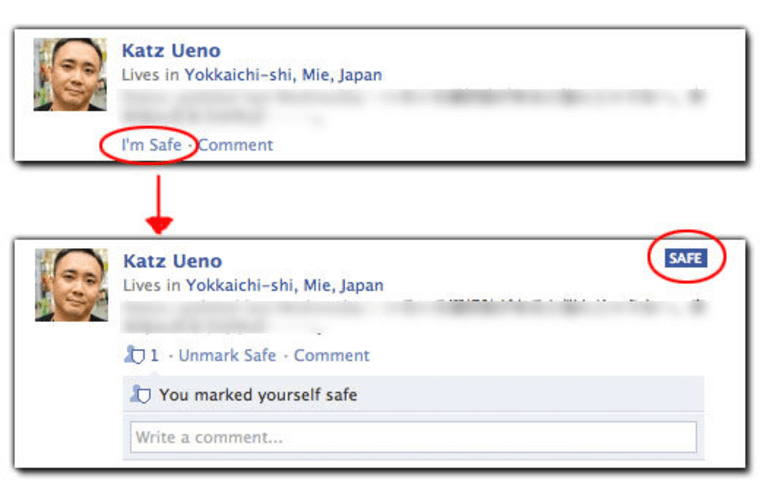 Screenshot of Yosoko News' Katz Ueno trying out Facebook's Disaster Message Board