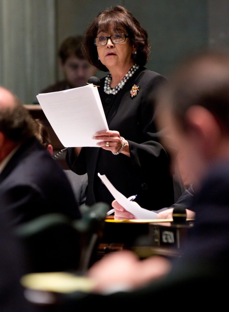 Sen. Dolores Gresham, R-Somerville, introduces her bill seeking to ban unauthorized camping on public property on the Senate floor in Nashville, Tenn., on Thursday, Feb. 23, 2012. The chamber later passed the measure that seeks to remove an Occupy Nashville encampment from a plaza across from the state Capitol. (AP Photo/Erik Schelzig)