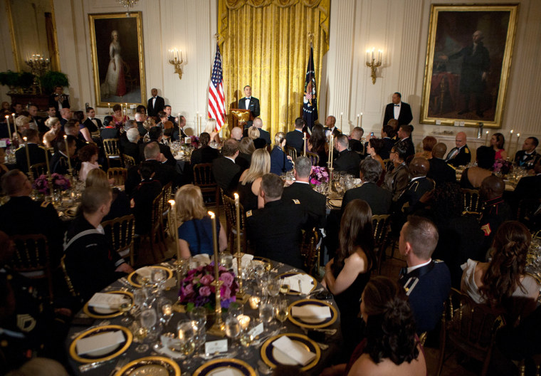 U.S. President Barack Obama speaks during a dinner honoring members of the Armed Forces who served in Operation Iraqi Freedom and Operation New Dawn and their families at the White House in Washington on February 29, 2012. REUTERS/Joshua Roberts (UNITED STATES - Tags: POLITICS)