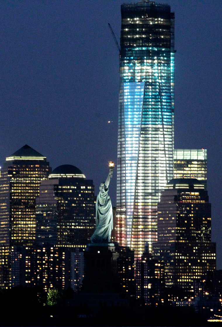Statue of Liberty and One World Trade center in red, white and blue for