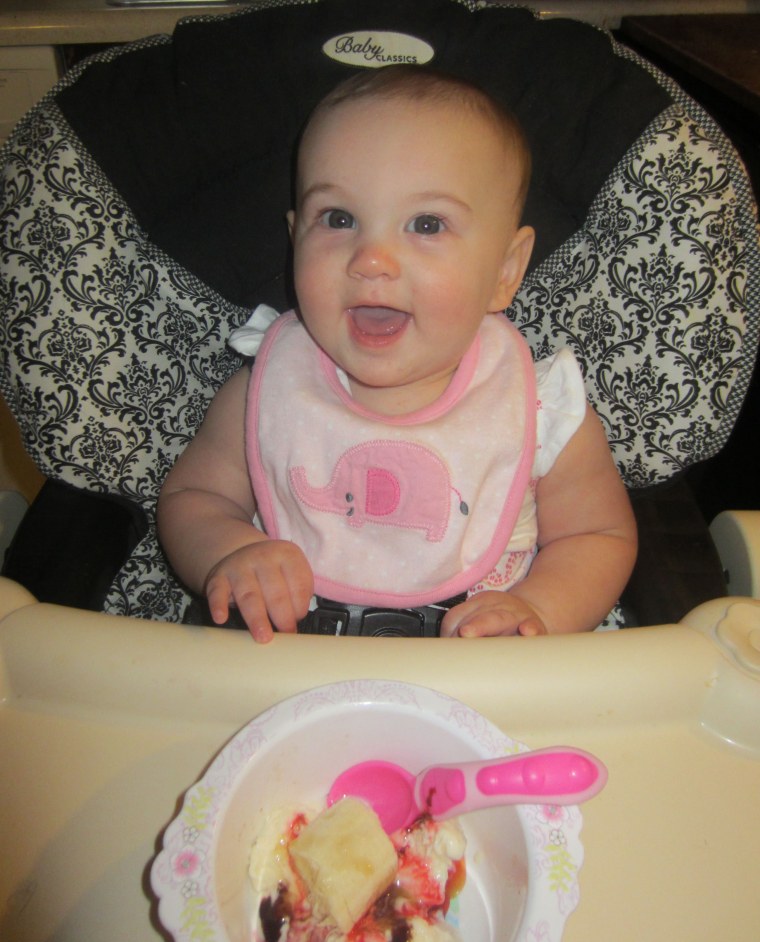 Gina, 8 months, about to enjoy her first Banana Split in honor of Ryan!
