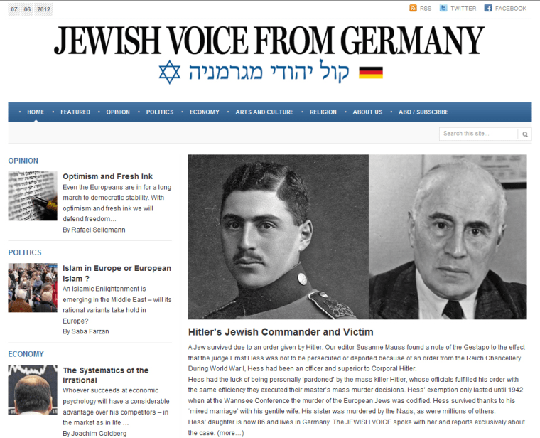 The Jewish Voice From Germany website displays the story about the discovery of a letter saying Adolf Hitler wanted to protect Ernst Hess, a Jew who briefly was Hitler's commander during World War I.