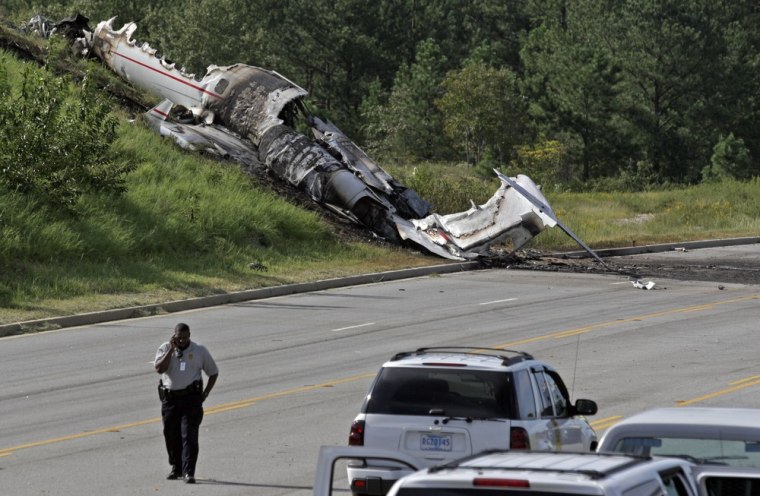 The wreckage of a Learjet that was carrying Travis Barker and five others after it crashed in Columbia, S.C., in September 2008.